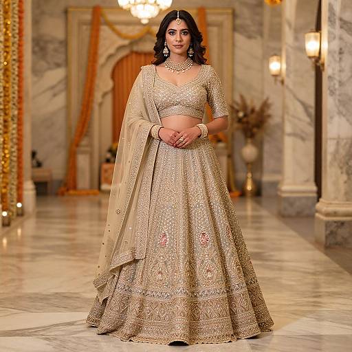 Elegant Woman in Embroidered Beige Lehenga Choli in Marble Hallway