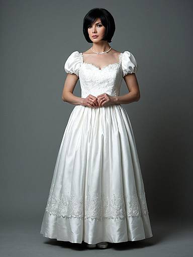 Elegant Woman in Vintage White Engagement Wedding Gown with Puffed Sleeves