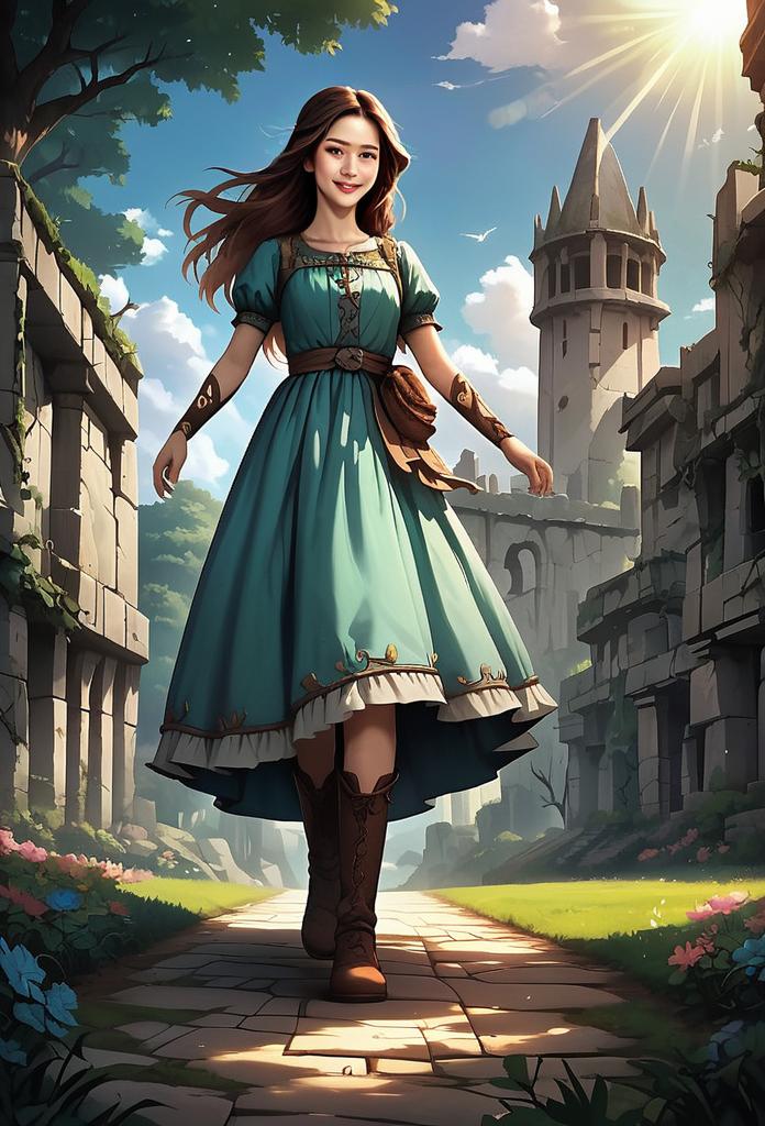 Fantasy Woman in Medieval Dress Walking Through Castle Courtyard