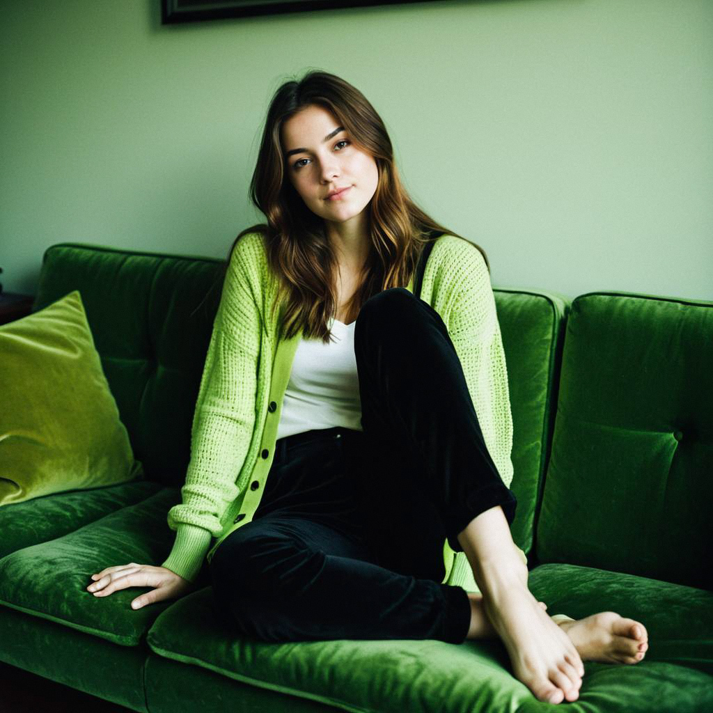 Young Woman on Green Velvet Couch