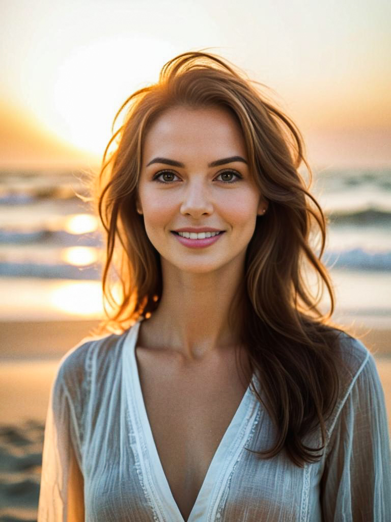 Smiling Woman at Sunset by Beach