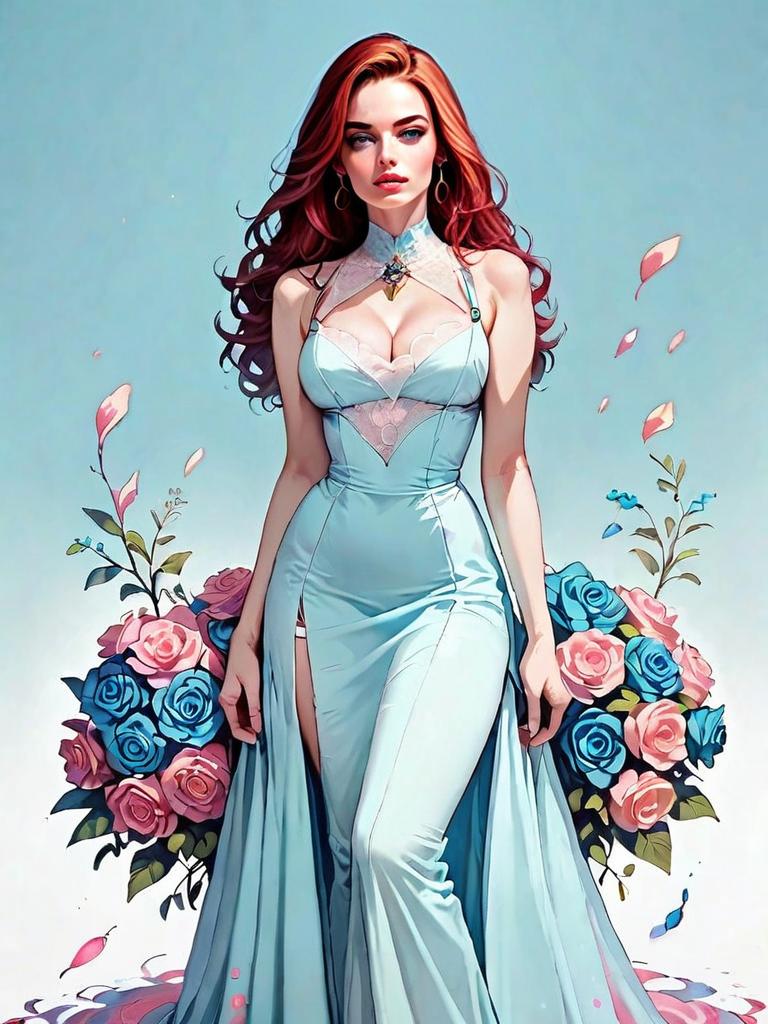 Realistic Illustration of Woman in Lace-Up Sleeveless Maxi Dress with Floral Background