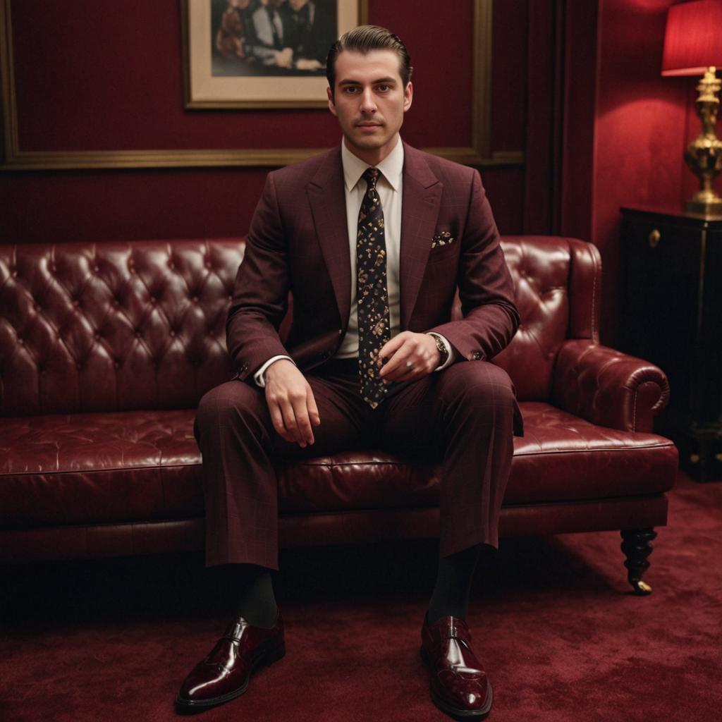 Man in Burgundy Suit on Leather Sofa