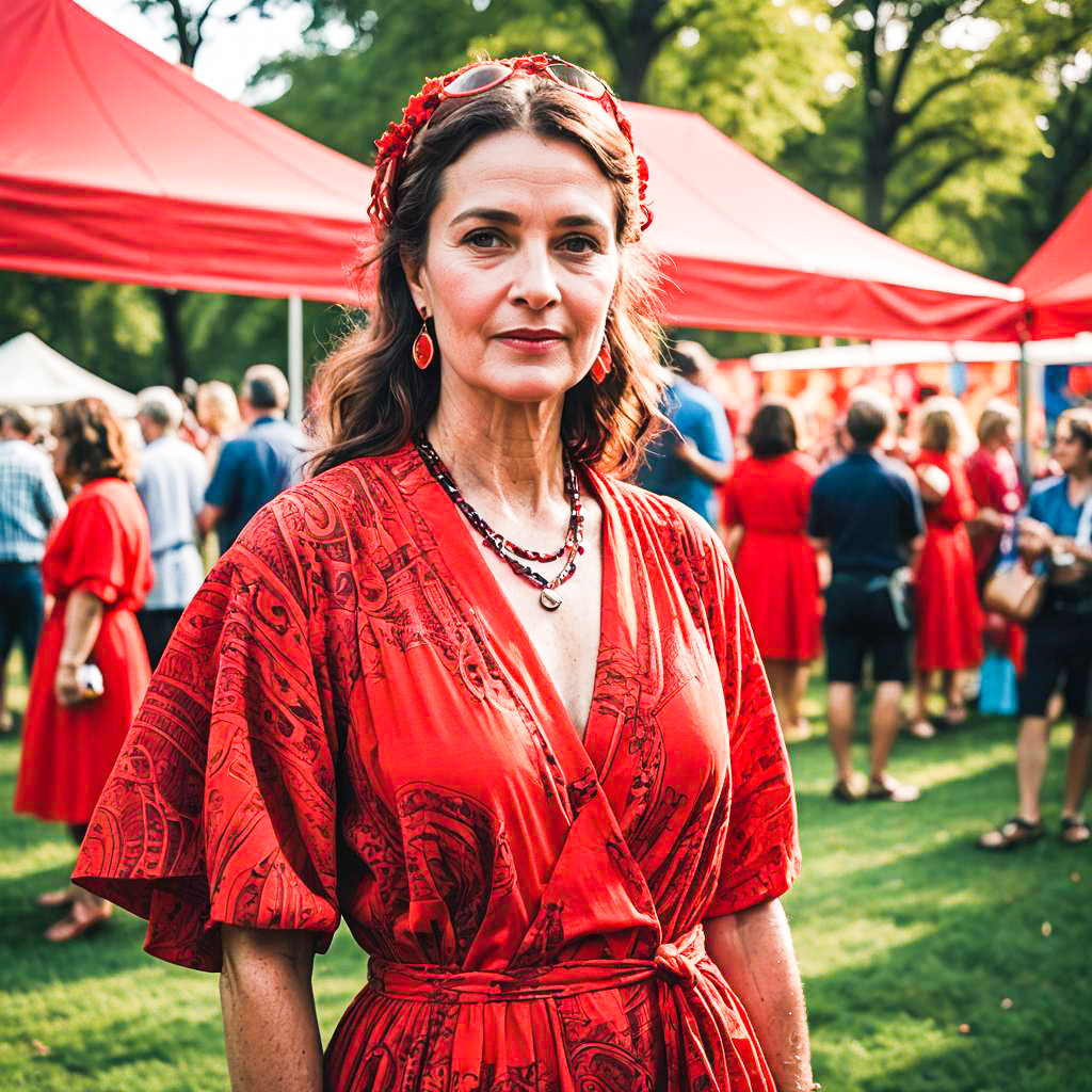 Confident Woman in Red Dress at Festive Outdoor Gathering