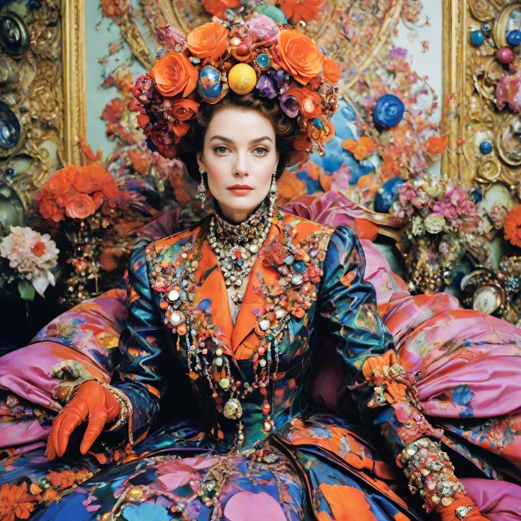 Woman in Vibrant Floral Costume with Intricate Beadwork Woman in Vibrant Floral Costume with Intricate Beadwork