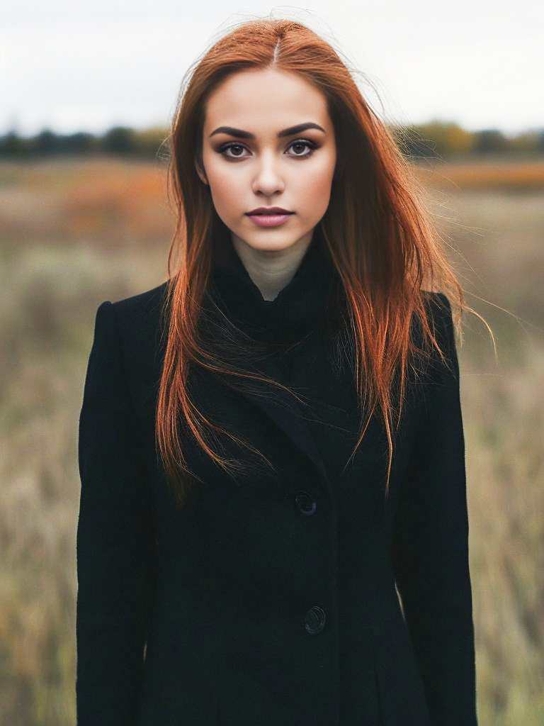 Confident Woman with Red Hair in Black Coat