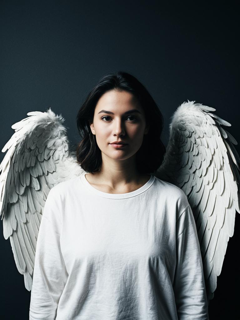 Photorealistic Woman with Extra Large Angel Wings in Studio