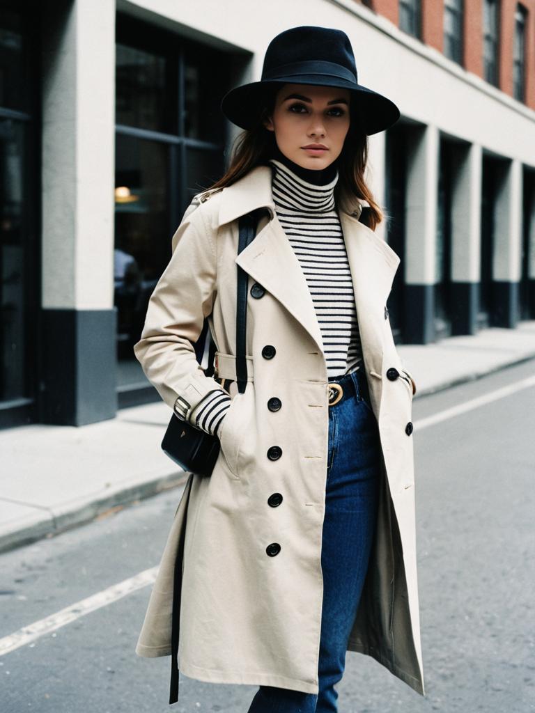 Woman in Beige Trench Coat and Black Hat Stylish Urban Fashion