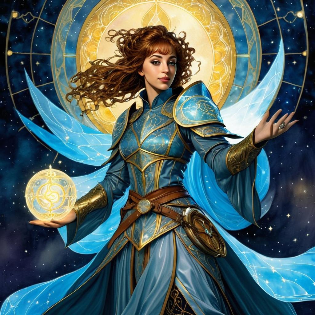 Fantasy Woman in Blue Armor with Magical Orb and Celestial Wings Illustration