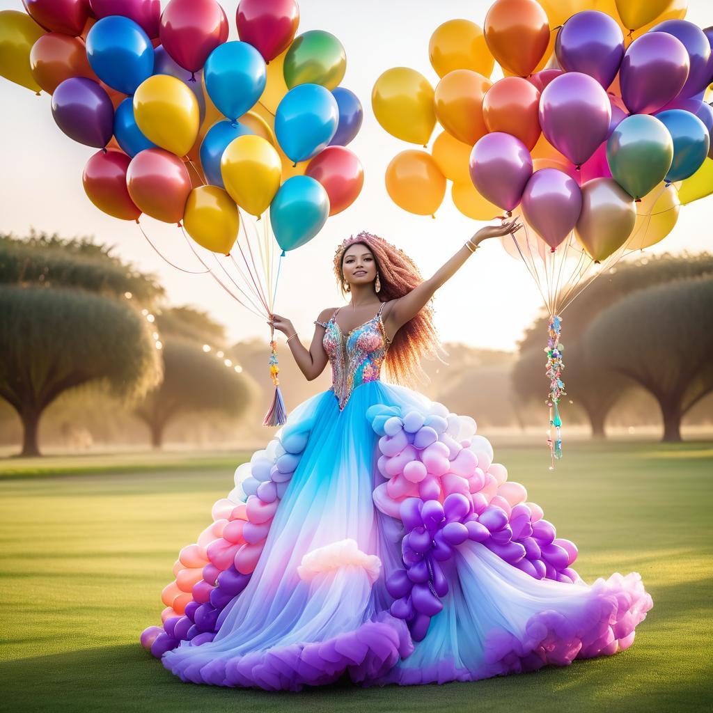 Woman in Colorful Gown with Balloons