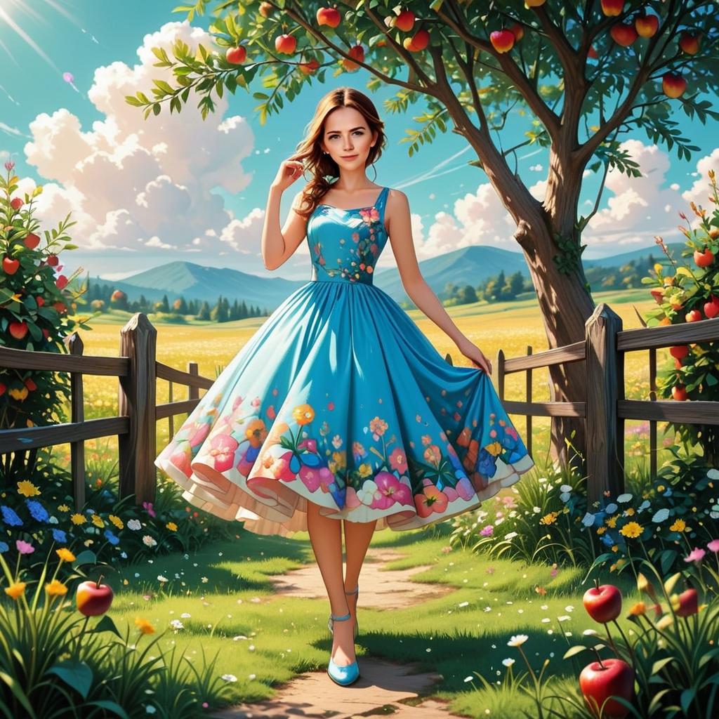Young Woman in Blue Dress Among Blooming Flowers