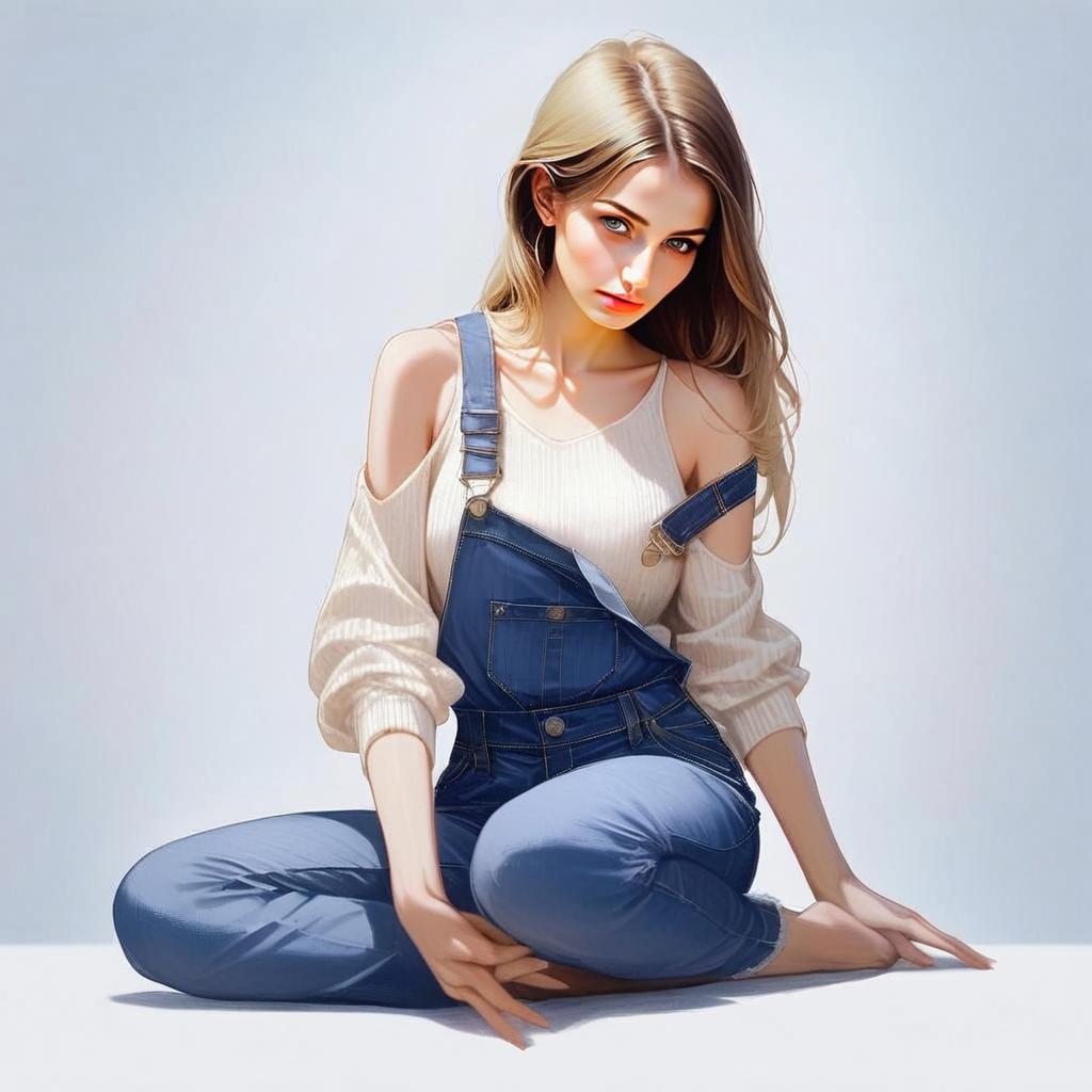 Young Woman in Beige Sweater and Denim Overalls