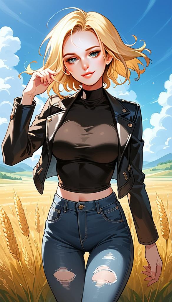 Blonde Woman in Black Leather Jacket Digital Anime Artwork in Wheat Field