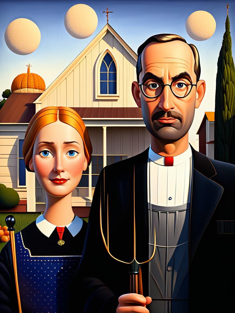 Surreal American Gothic with Floating Golf Balls