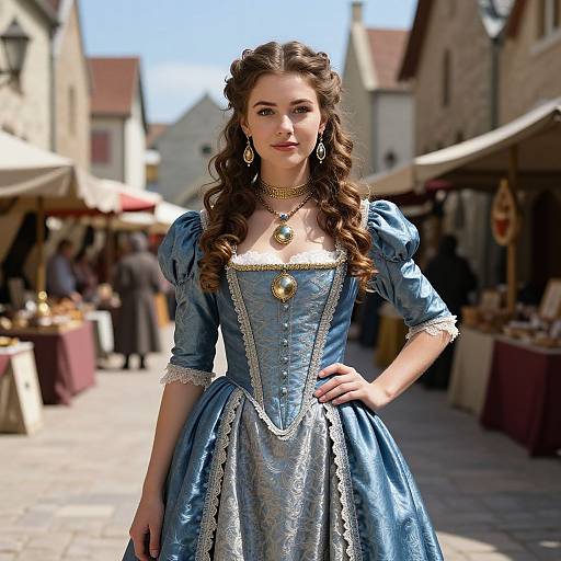 Young Woman in Blue Renaissance Dress at Historic Marketplace