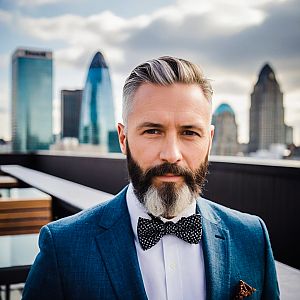 Distinguished man in blue suit with city skyline