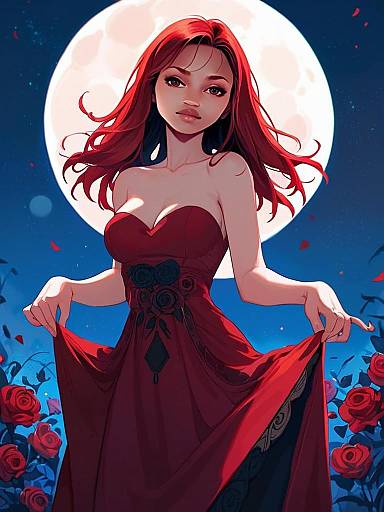 Red-Haired Woman in Red Dress with Full Moon and Roses Digital Illustration