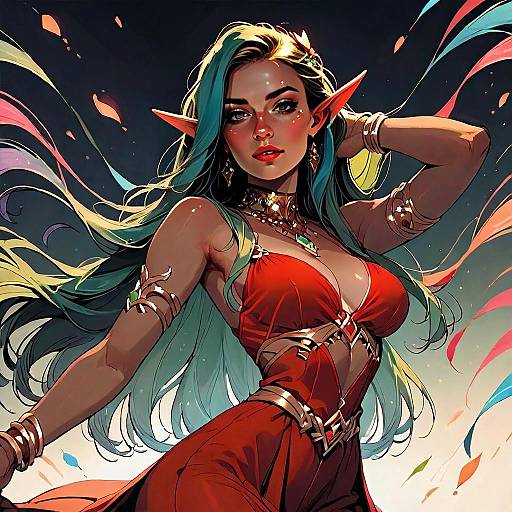 Fantasy Elf Woman with Teal Hair in Red Dress Digital Illustration