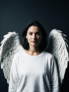 Photorealistic Woman with Extra Large Angel Wings in Studio