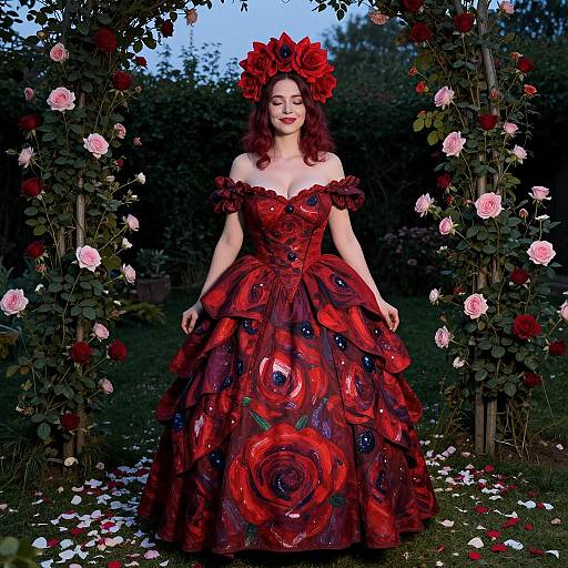 Elegant Woman in Red Rose Ball Gown in Garden