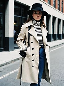 Woman in Beige Trench Coat and Black Hat Stylish Urban Fashion