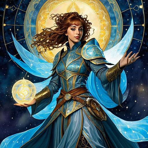 Fantasy Woman in Blue Armor with Magical Orb and Celestial Wings Illustration