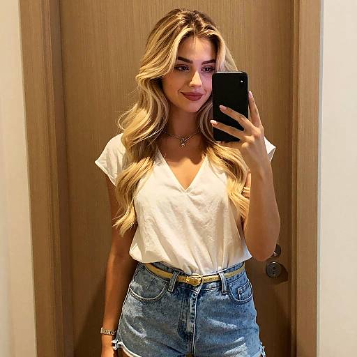 Blonde Woman Taking Casual Mirror Selfie in White T-Shirt and Denim Shorts