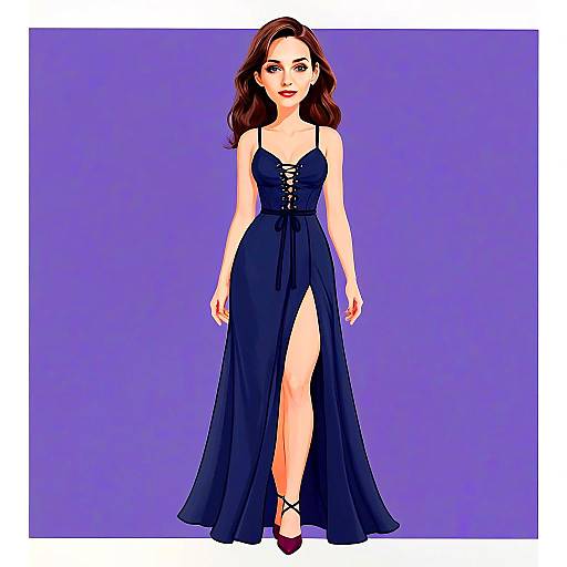 Woman in Navy Blue Lace-Up Sleeveless Dress with Thigh-Slit Digital Illustration