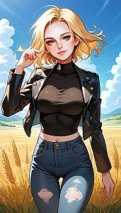 Blonde Woman in Black Leather Jacket Digital Anime Artwork in Wheat Field