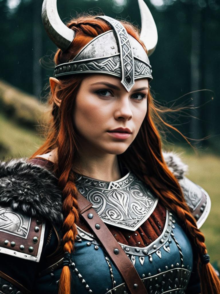 Photorealistic Viking Woman Warrior Cosplay Portrait in Detailed Armor