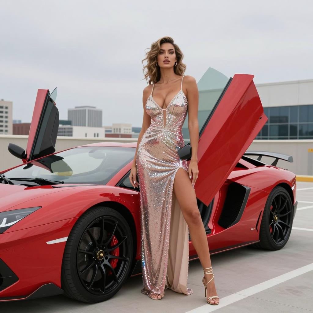 Glamorous Woman in Sequined Dress Beside Red Sports Car with Open Doors
