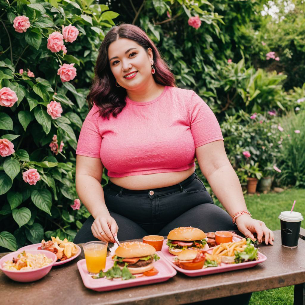 Cheerful woman enjoying outdoor meal in vibrant garden