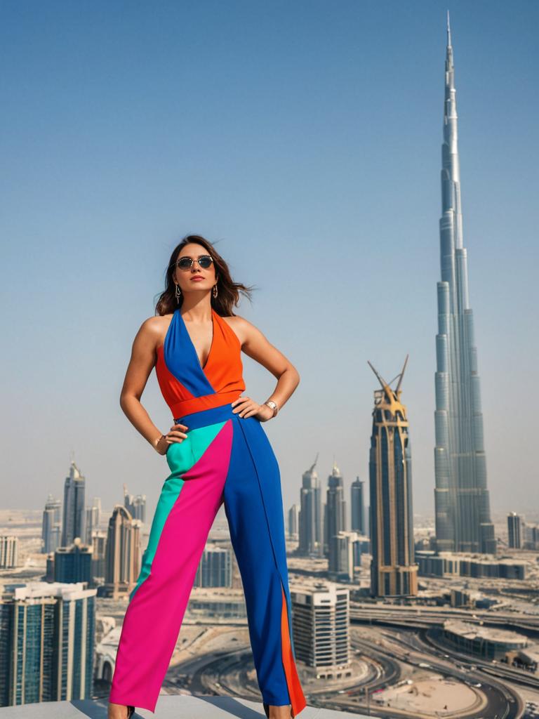 Daring Woman in Colorful Fashion with Burj Khalifa