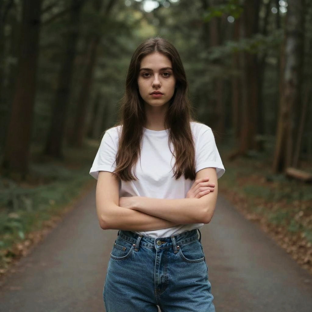 Confident Gen Z Woman in Casual Outfit Standing on Forest Path