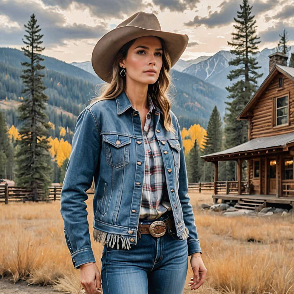 Stylish woman in denim jacket and cowboy hat in mountain landscape