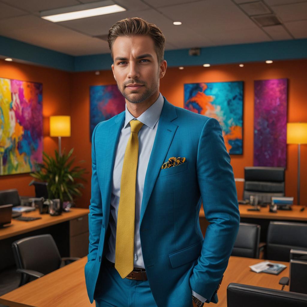 Confident Man in Stylish Blue Suit in Modern Office