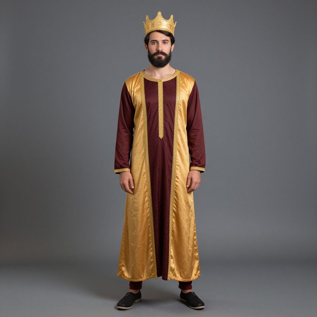 Man Wearing Royal Maroon and Gold Costume with Crown