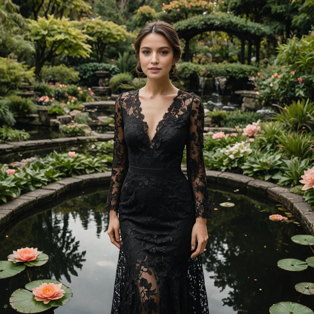 Elegant Woman in Black Lace Dress in Serene Garden