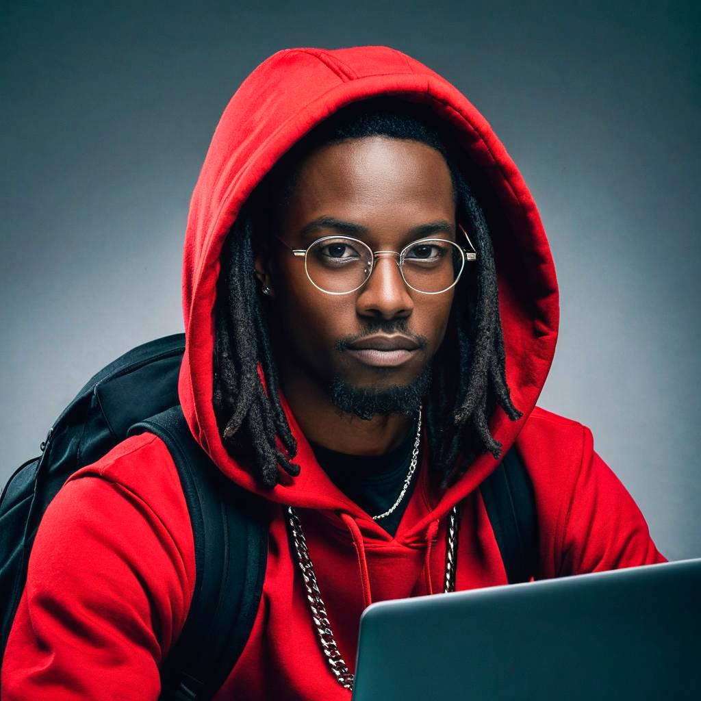 Young Man in Red Hoodie with Laptop Young Man in Red Hoodie with Laptop