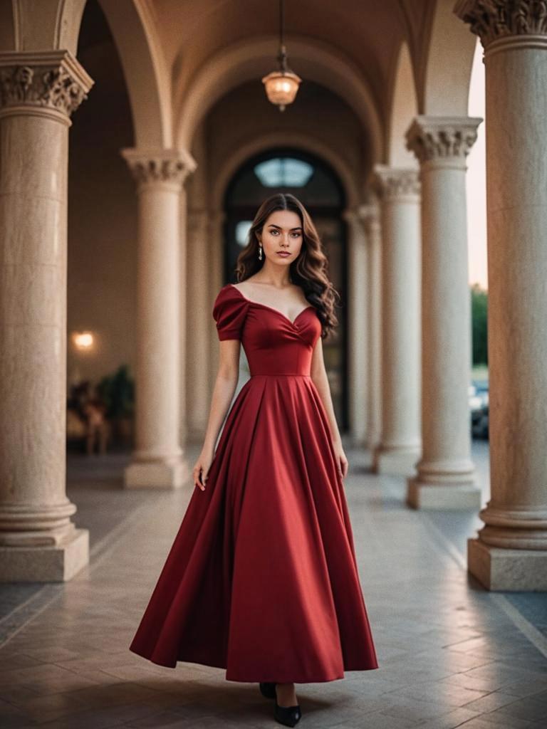 Woman in Red Evening Dress Among Elegant Columns