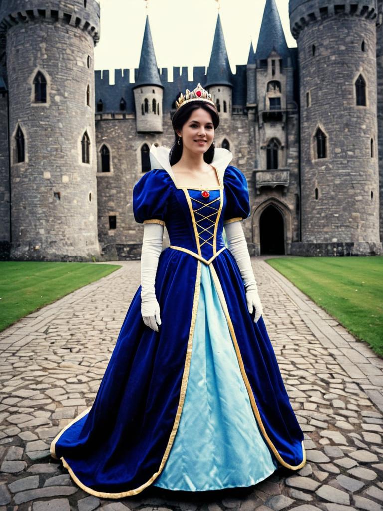 Woman in Royal Blue Princess Costume Cosplay in Castle Setting