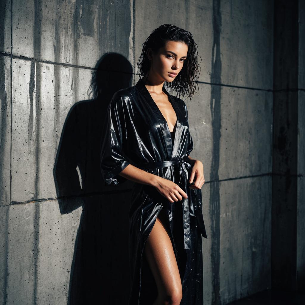 Stylish Woman in Glossy Black Robe Posing Against Concrete Wall