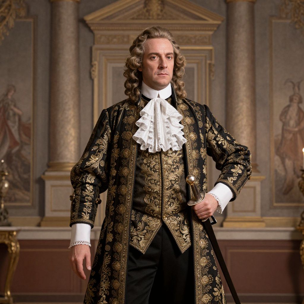 18th Century Aristocratic Man in Ornate Baroque Costume Holding Sword