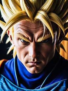 Close-up of a man with blue eyes and styled blonde hair in a blue costume
