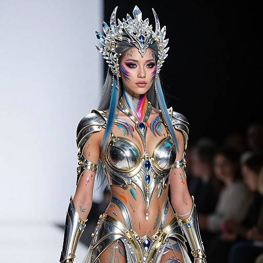 Futuristic Fantasy Warrior Woman in Metallic Armor with Colorful Body Paint