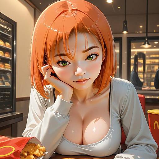 Anime Style Portrait of Young Woman with Orange Hair in Fast Food Restaurant