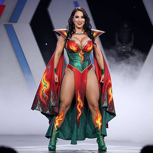 Woman in Fiery Superhero Costume on Stage
