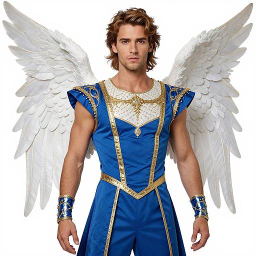 Man in Blue and Gold Angel Costume with White Wings