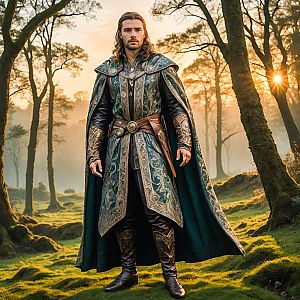 Heroic Man in Medieval Fantasy Armor in Mystical Forest