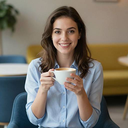 Smiling Woman Enjoying Coffee in Modern Cafe Setting